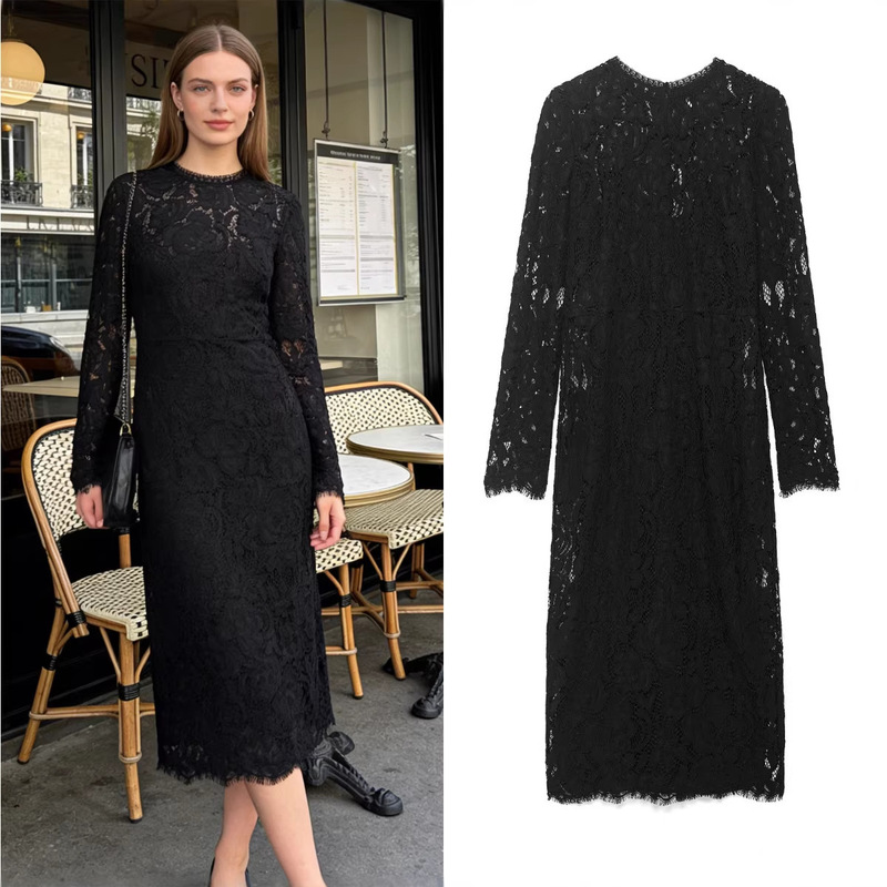 Z Brand Foreign Trade Cross-Border Wholesale European and American Style Women's Summer Fashion Sheer Lace Midi Dress Long Dress