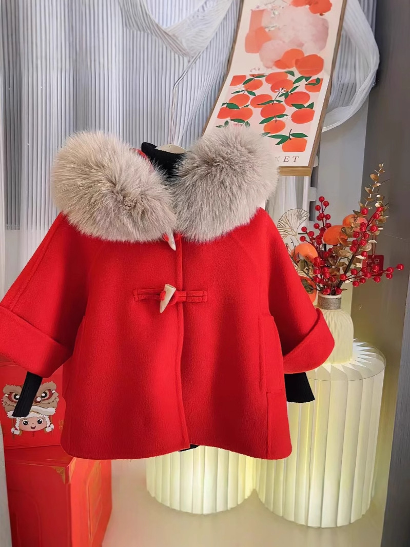 Girls' Fashionable Stylish Hooded Coat 2024 Autumn and Winter New Children's Double-Sided Woolen Coat Cape Korean Style