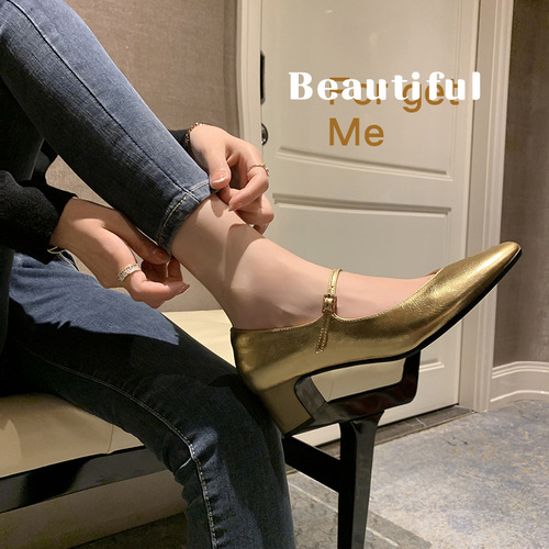 I love it at first glance. Silver thick heel small shoes  new square toe genuine leather inside and outside Mary Jane women's shoes