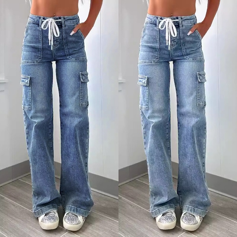 Factory Direct Sales 2025 New Straight Jeans Women's American Casual Lace-Up Multi-Pocket Functional Cargo Pants in Stock Factory Direct Sales 2025 New Straight Jeans Women's American Casual Lace-Up Multi-Pocket Functional Cargo Pants in Stock