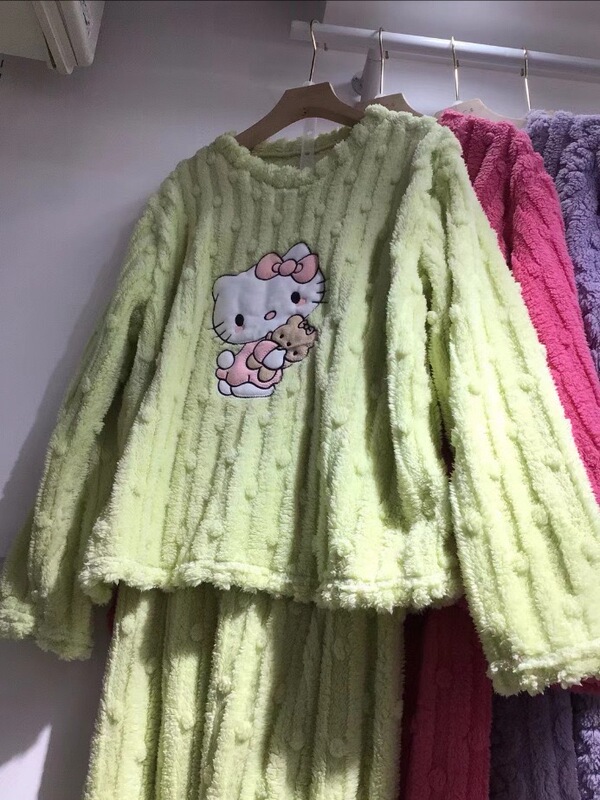 卡通猫珊瑚绒睡衣女2025冬季新款加绒加厚家居服冬季保暖长袖套装|undefined