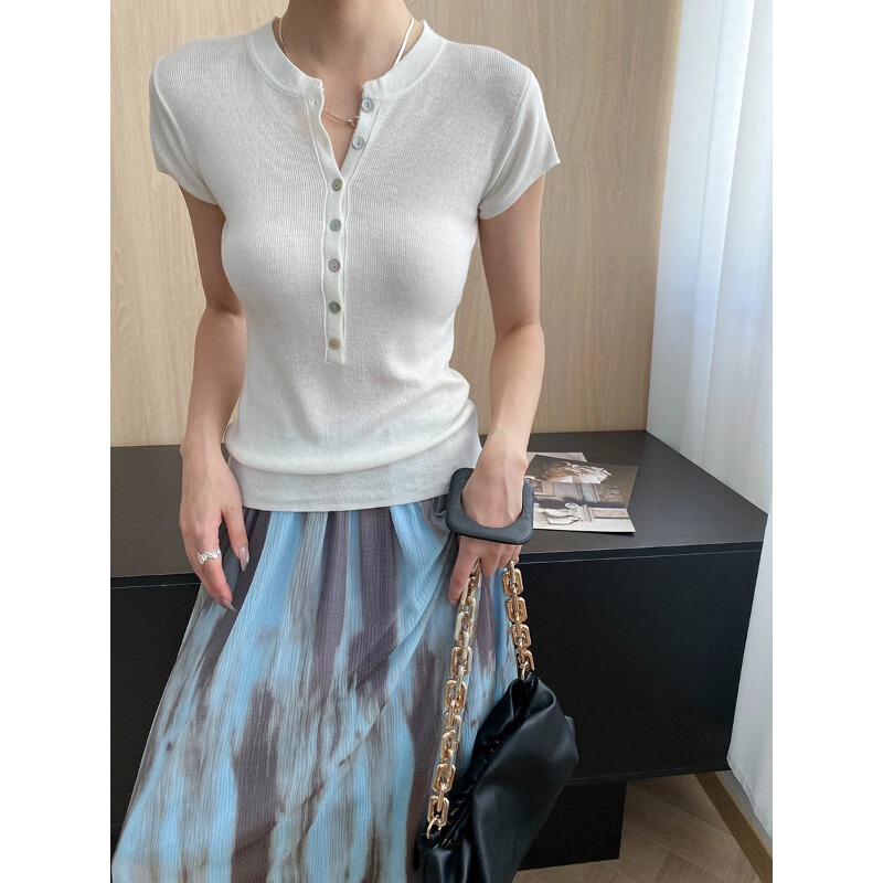 Sinan Practical Clothing Buttons Half Placket Right Shoulder Slim Slim Henry Collar Knitwear Short Sleeve Sn7761 Sinan Practical Clothing Buttons Half Placket Right Shoulder Slim Slim Henry Collar Knitwear Short Sleeve Sn7761