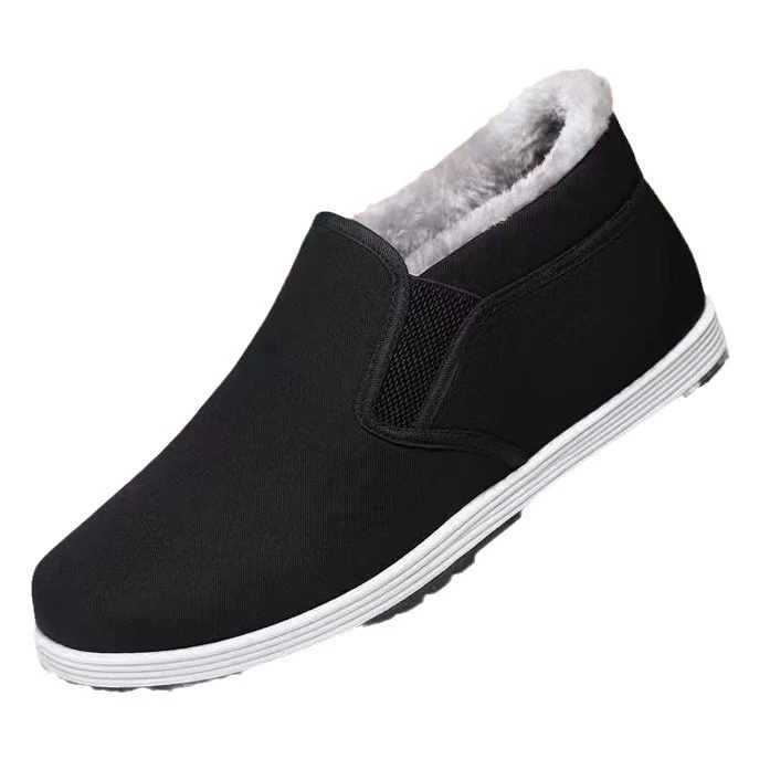 Зимняя черная ткань обувь со slip-on, бархатная подкладка, мягкая подошва, мужская рабочая и теплая повседневная