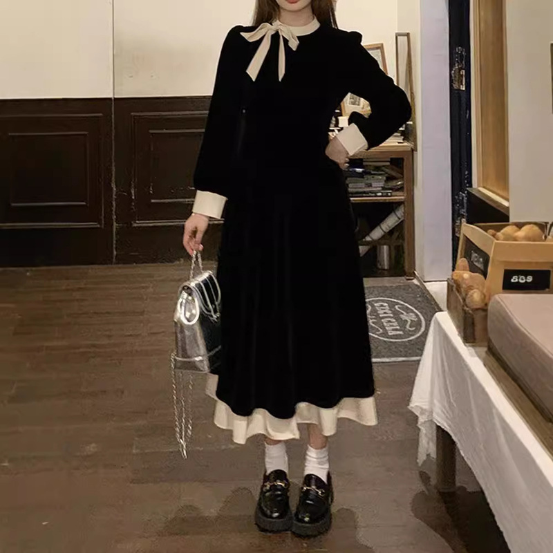 plus size Hepburn Style Contrast Collar Bow dress Women's Autumn and Winter New Vintage Slim Look Belly Covering Black Long Dress