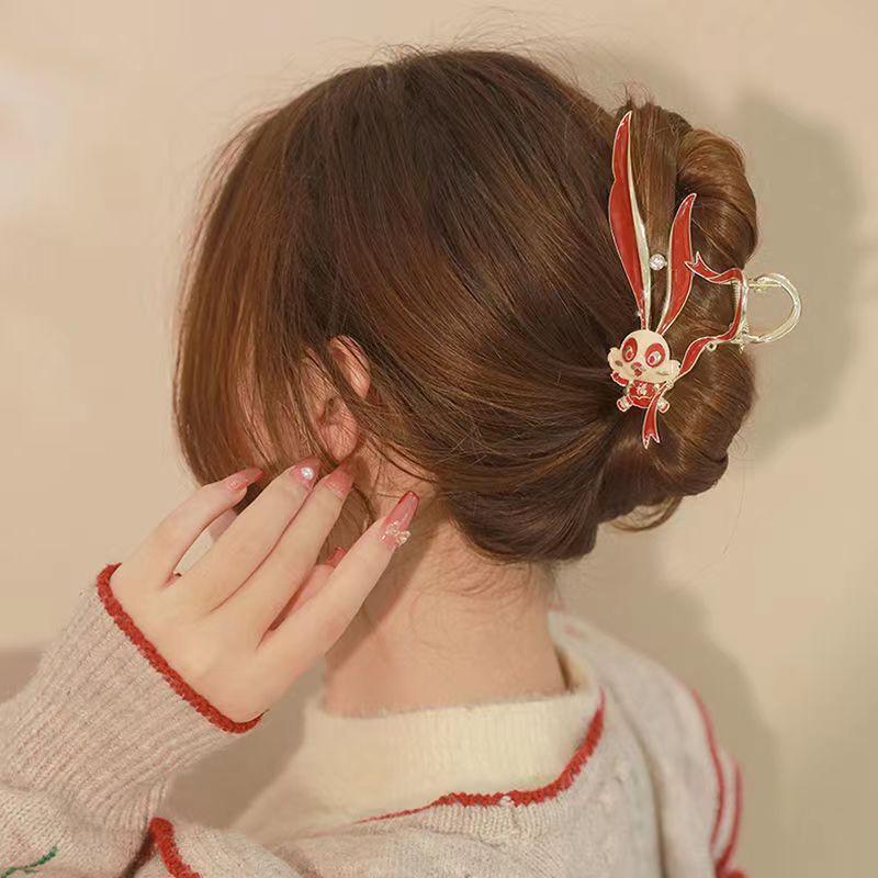 China Red Rabbit gules Ribbon Grip senior Hindbrain Sharks clip Headdress Hairpin Antiquity Flaxen Hair Hairdressing