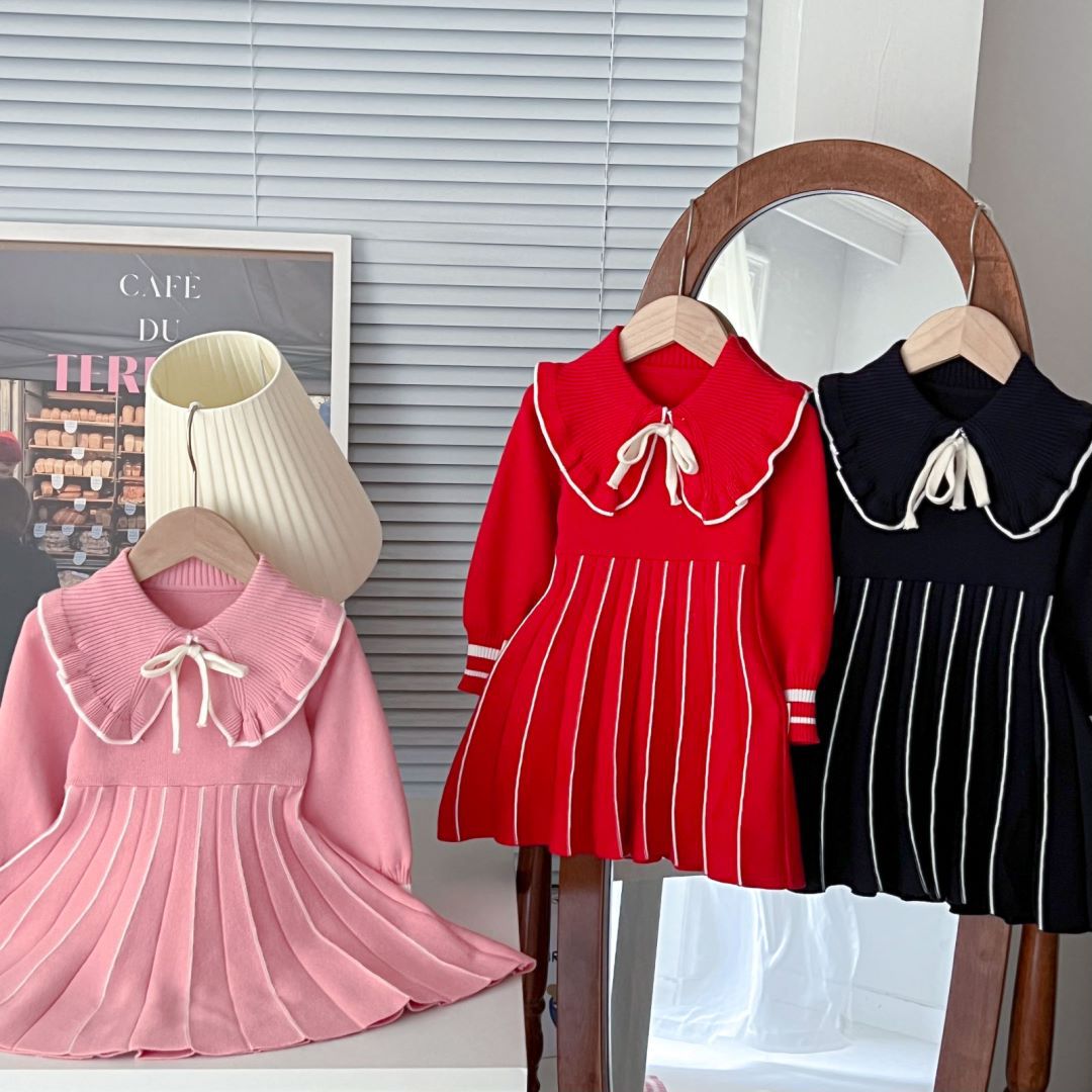JINYONG Moda lavorata a maglia per ragazze Nuovo colletto ribaltabile Abito da principessa Gonna maglione per bambini occidentale Alla moda_voghion.com