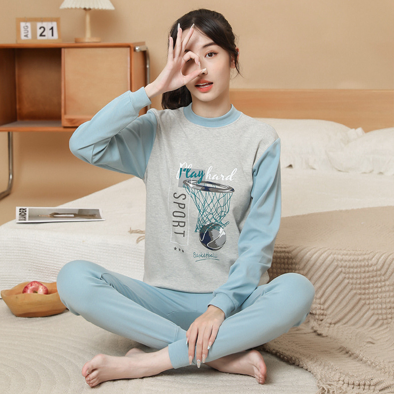 25 Autumn and Winter Girls' Pure Cotton Suit for Female Students Round Neck Mid-Collar Autumn Clothes and Long Pants Printed Cartoon Long-Sleeved Pajamas