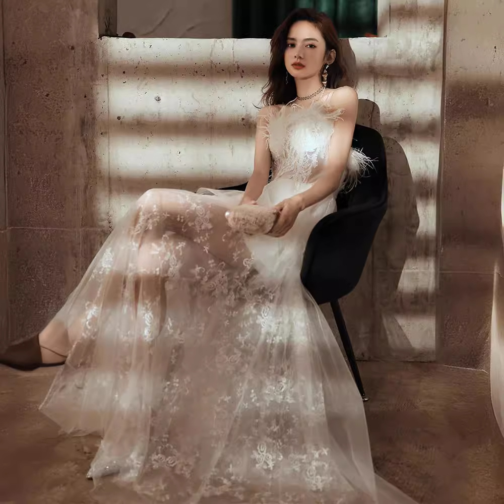 Đầm maxi nữ thắt eo phong cách tiên nữ kiểu Pháp, tay phồng lông vũ, dự tiệc sang trọng — Ống ngực lông vũ váy trắng nửa trong suốt