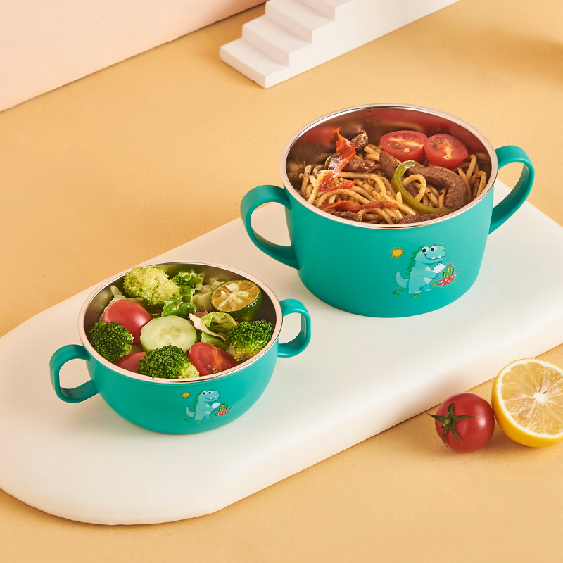 Nuevo tazón de arroz de dinosaurio pequeño tazón de comida para bebés tazón 316 tazón de acero inoxidable para niños tazón de aislamiento con vajilla de cuchara