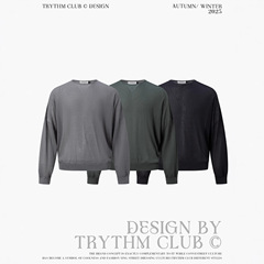 TRYTHMCLUB 高级风肌理感一字领宽松长袖针织毛衣情侣T恤上衣男