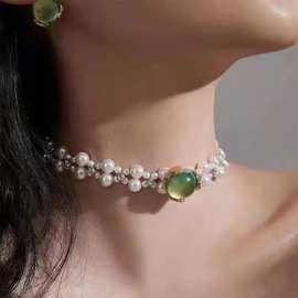 绿色泡泡珍珠项链银针耳钉轻奢小众颈链气质复古巴洛克锁骨链耳饰