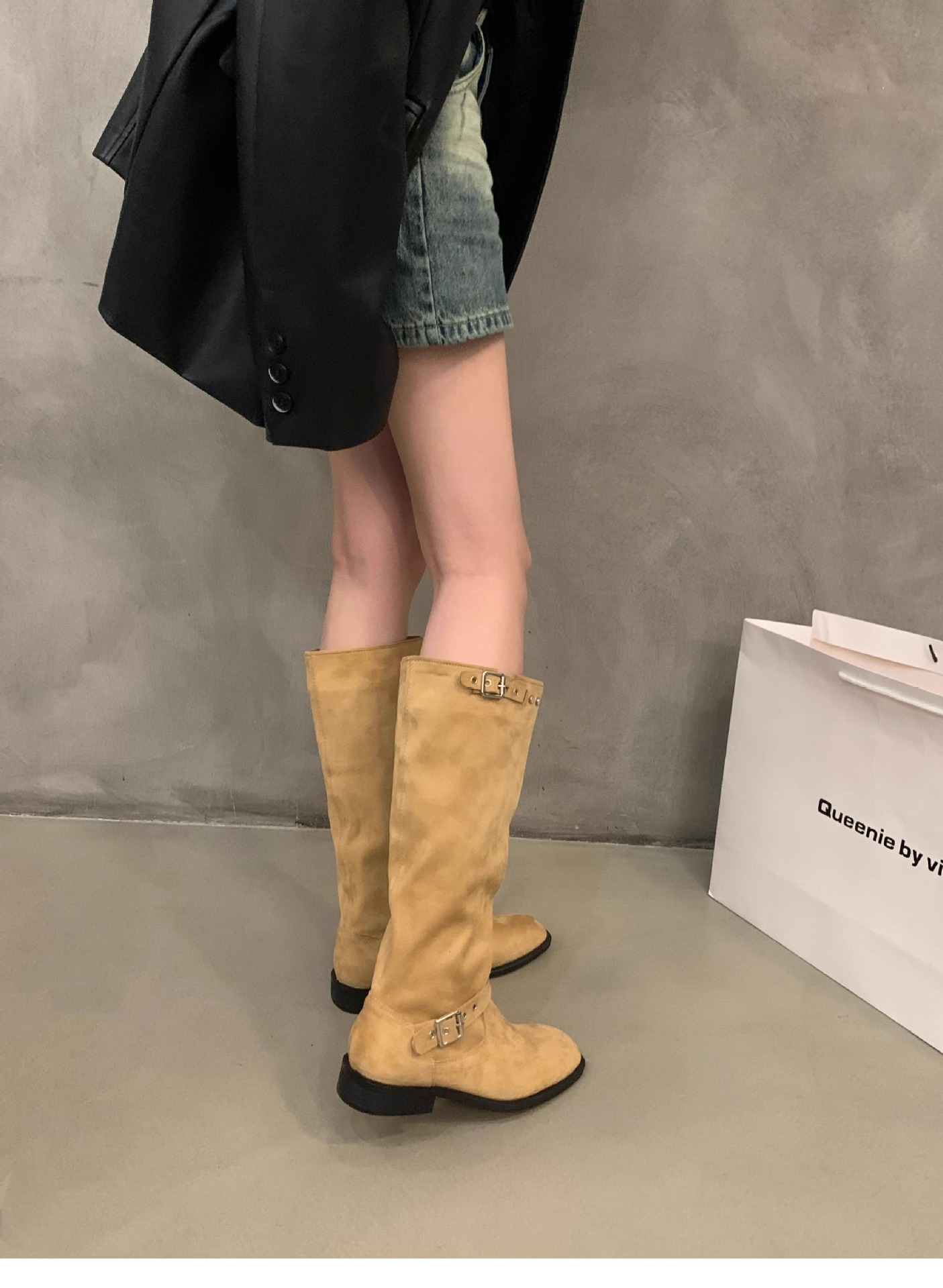 Dicker Absatz Khaki Mid Knight Damen Frühling und Herbst 2023 Neue Sommer-Wildleder-Langarmstiefel_voghion.com