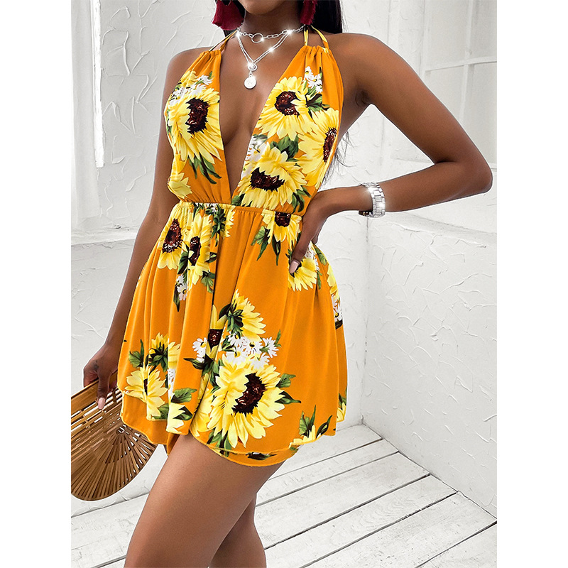 sunflower printed V-neck open back hanging neck lace-up casual dress NSMAN53316