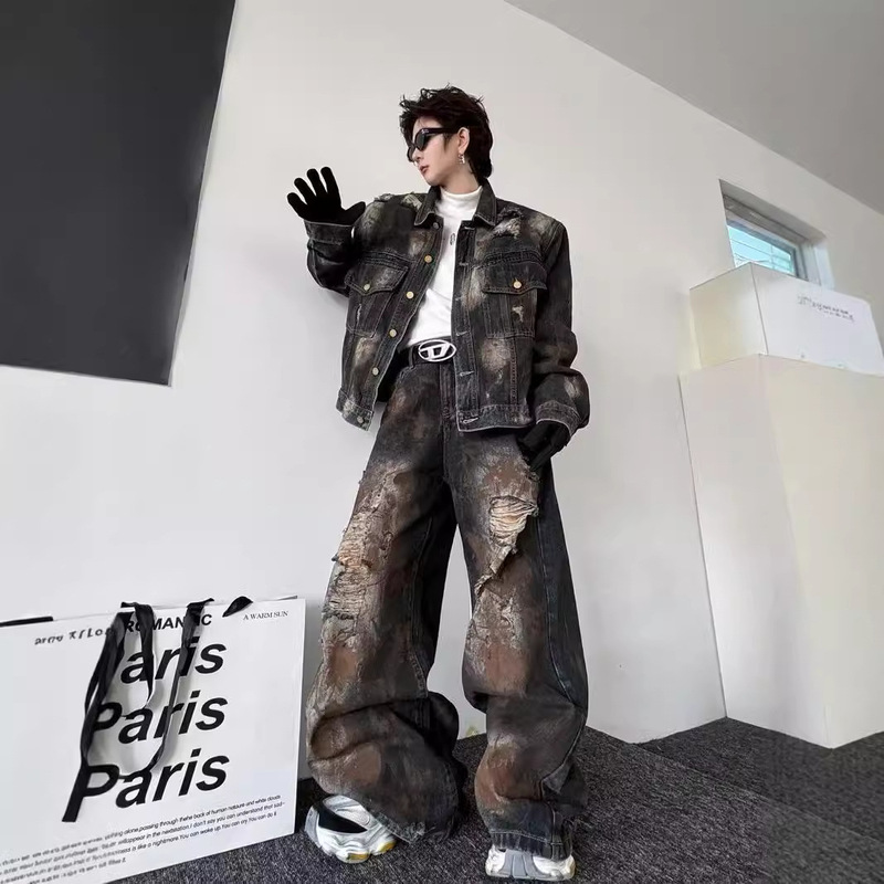2024 Spring and Autumn New Painted Old Denim Jacket Ripped Denim Pants Men's Loose suit American Vintage