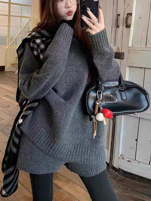 针织套装慵懒风宽松毛衣针织衫女2025春秋新款高腰短裤短裙两件套|undefined