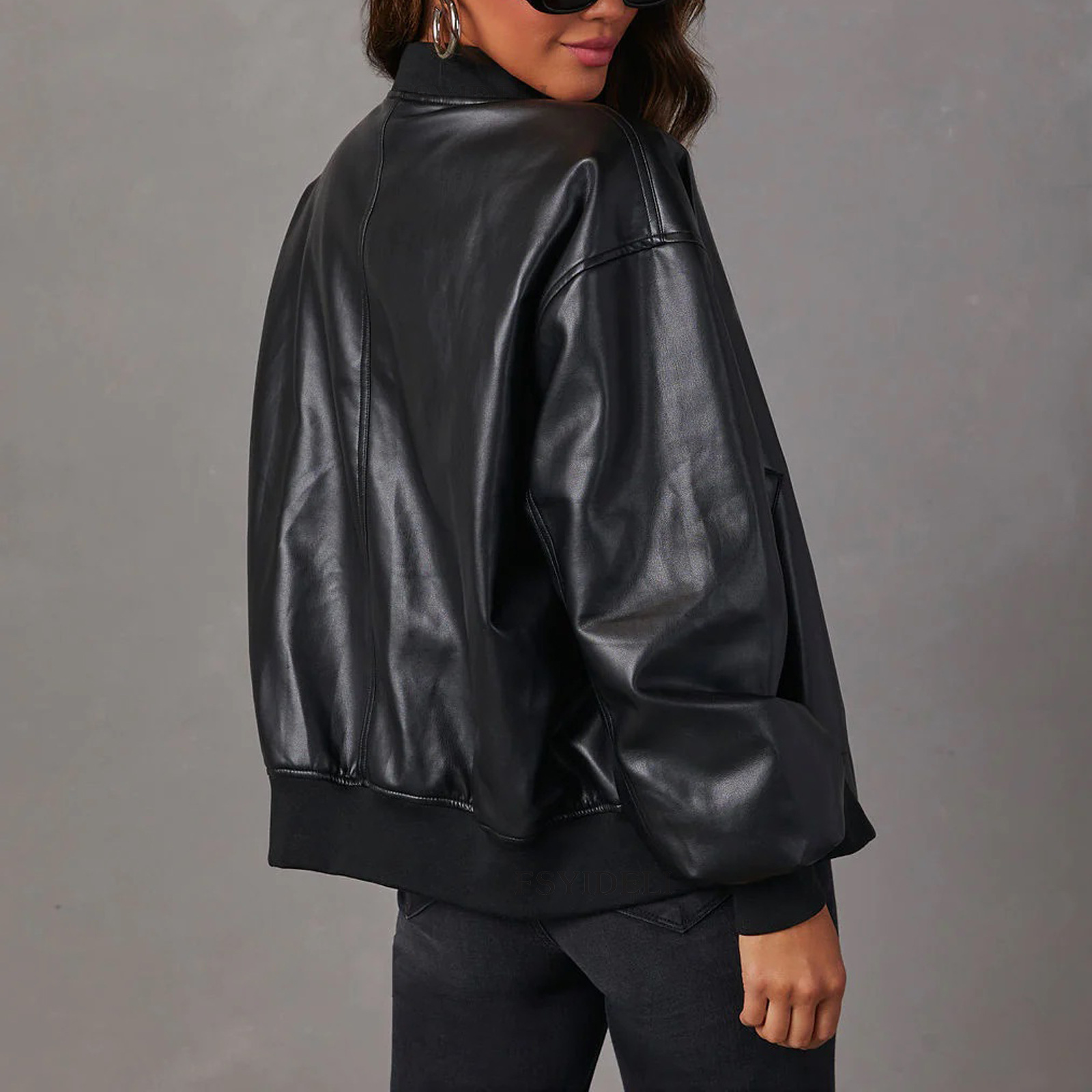 Women's Clothing Autumn and winter PU leather baseball jacket long sleeved motorcycle jacket leather jacket women_voghion.com