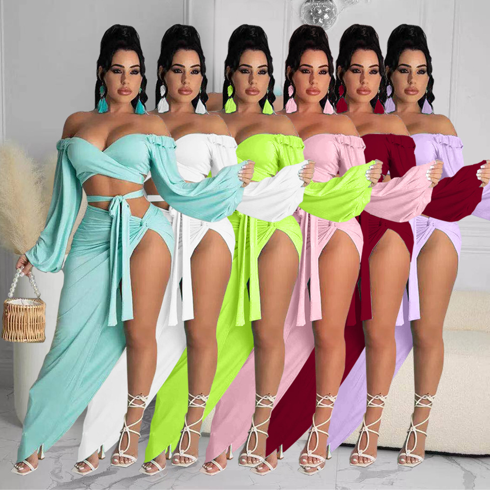 2021 Summer Elegant Commuter Green Long Sleeve Chest Wrap Knitted Fashion Loose Solid Color Dress BQ19186