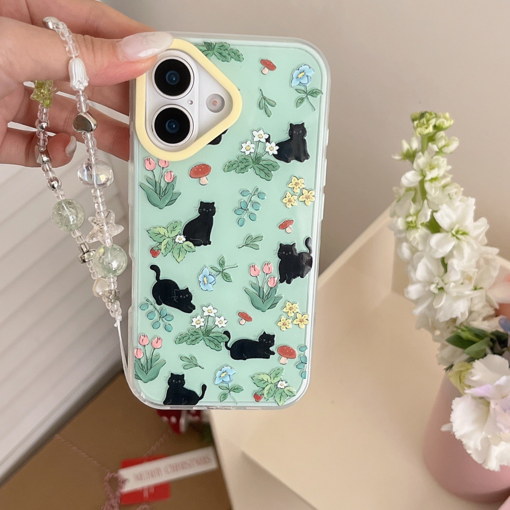 Flores estilo ins lindo pequeño gato negro para iphone16ProMax cadena 15 funda para teléfono móvil Apple 13/14 hembra