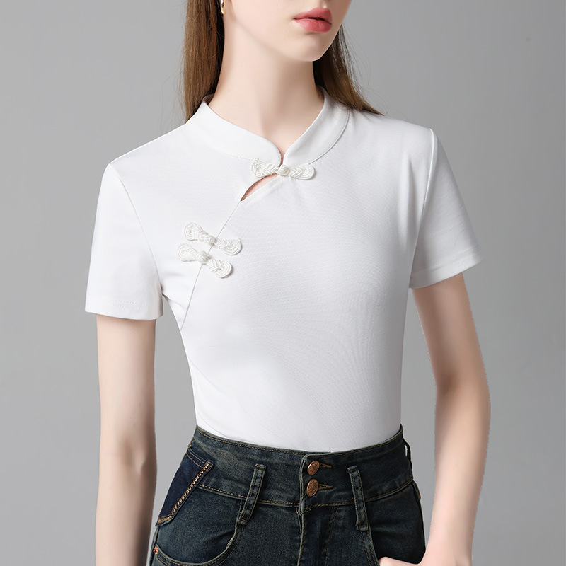 Nueva camiseta de manga corta con cuello cheongsam con hebilla oblicua china de estilo nuevo 2024 camiseta de manga corta con cuello alto de estilo nacional para mujer