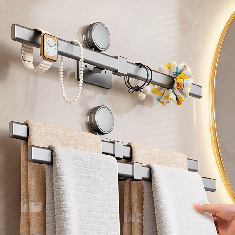 Suction Cup Towel Rack, No-Drill Bathroom Double Rod Hanging Rod, Wall-Mounted Bathroom Towel Bar, Single Rod Hair Accessory and Headband Storage
