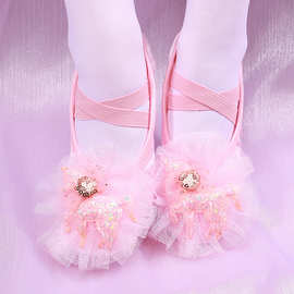 可爱女孩芭蕾舞蹈鞋闪亮独角兽跳舞鞋儿童演出芭蕾舞蹈缎面猫爪鞋