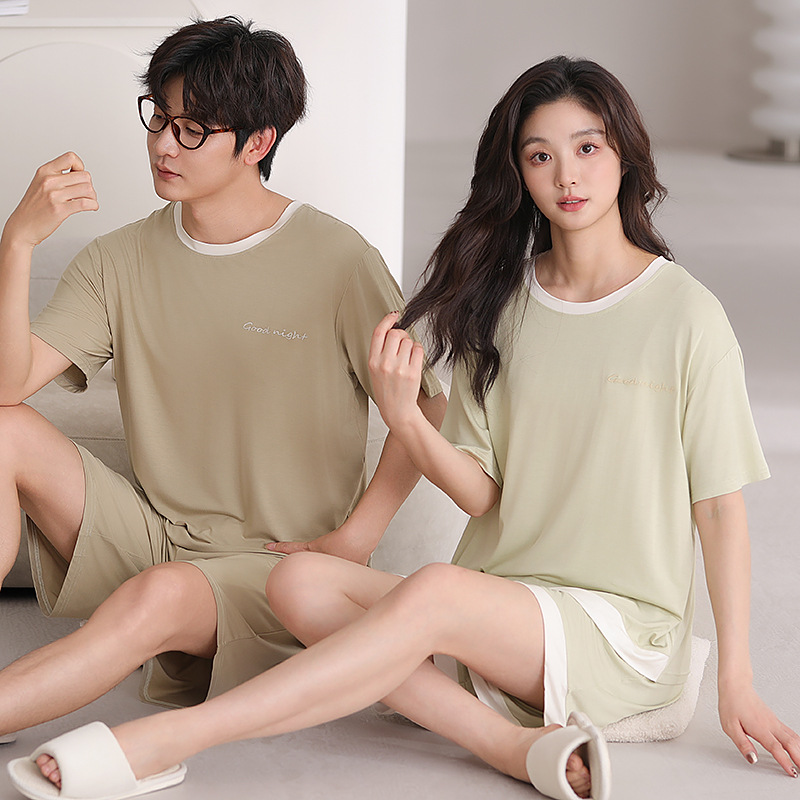 Pajamas de pareja de algodón modales de verano de mangas cortas delgadas 2025 nuevo cuello redondo casual ropa de casa de verano para hombres y mujeres