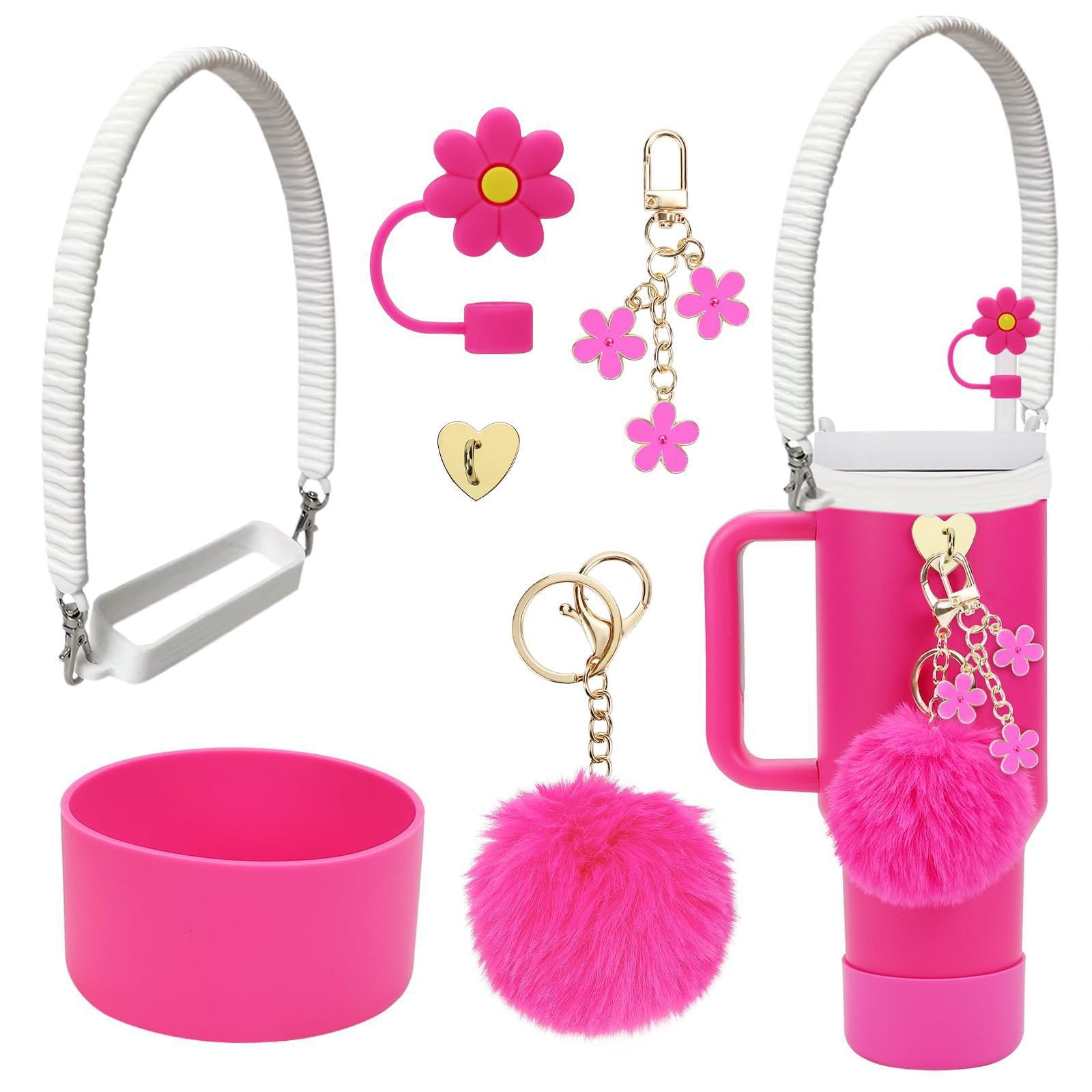 7pcs taza Stanley cuerda de mano colgante de silicona flor tapa de pajita bola de felpa colgante de copa cadena de taza de color