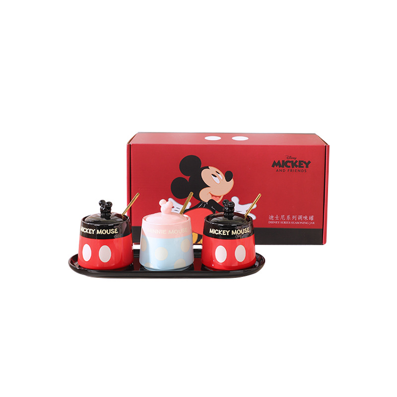Conjunto de recipiente de condimento de cerámica de Mickey, caja de regalo, recipiente de sal con cuchara, recipiente de condimento de cocina, caja de condimento doméstica