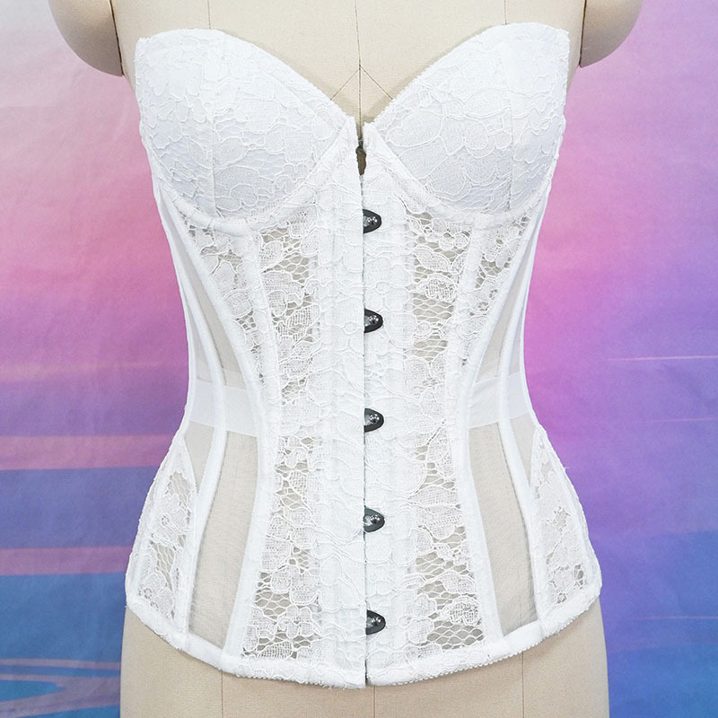 7037 Cross-Border New Style Spliced Mesh See-Through Bridal Gown with Fishbone Corset, Bust Cups, Shapewear, and Strapless Design