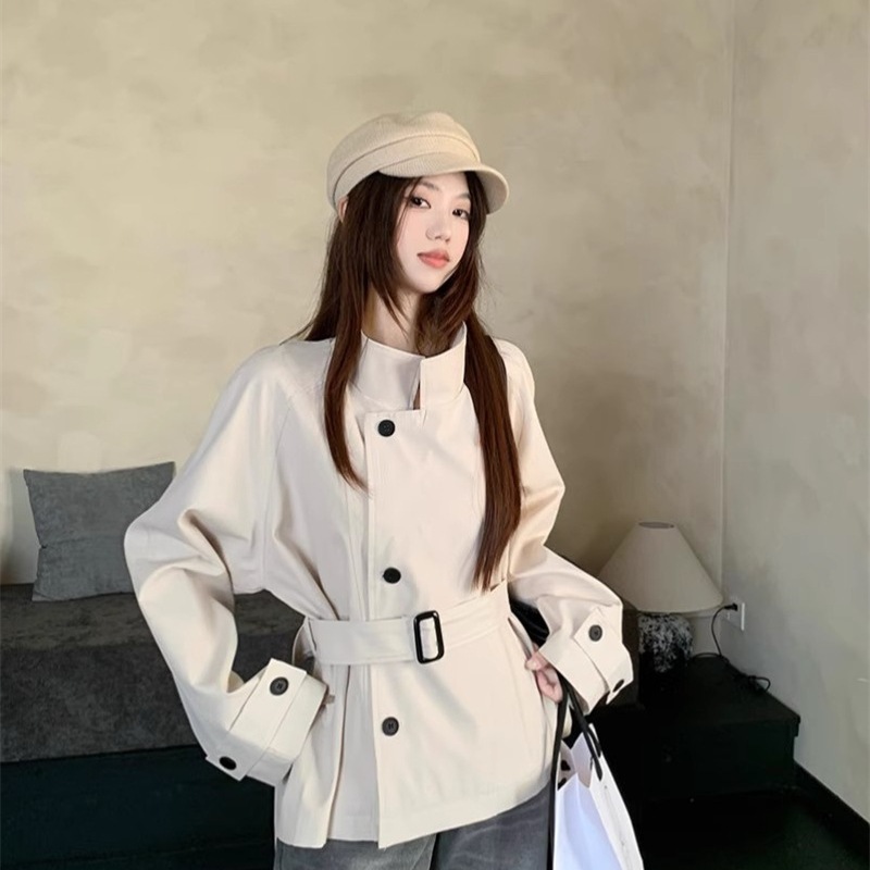 韩系小众慵懒气质短款风衣外套女2025秋季新款英伦风立领收腰上衣|undefined