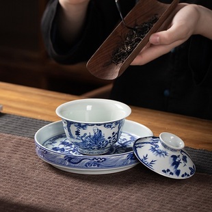 Antique mud Blue and White Ghost Valley cover Bowl Master Cup single ceramic kung fu tea bowl dry tea cup
