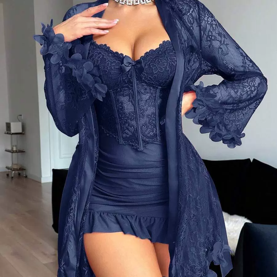 跨境亚马逊新款情趣内衣性感透视蕾丝吊带裙花边睡袍女睡衣套装