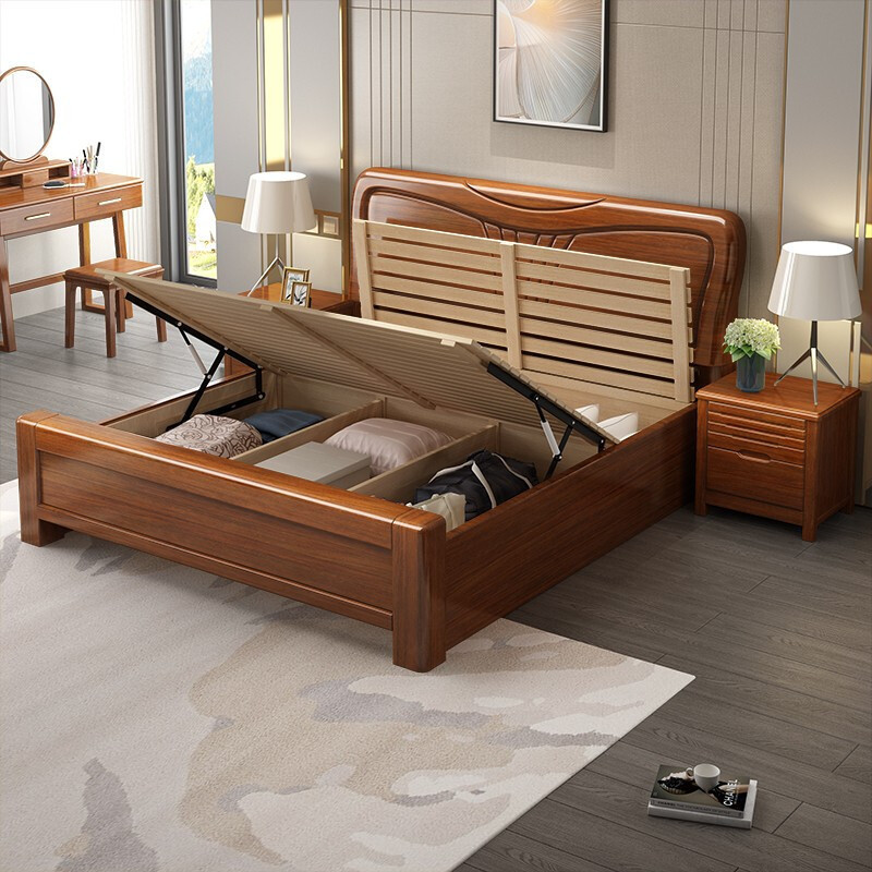 Chinese Walnut Bed Room Solid Wood Furniture Wholesale Double Bed Modern Minimalist Master Bedroom 1.8m 1.5m Wedding Bed