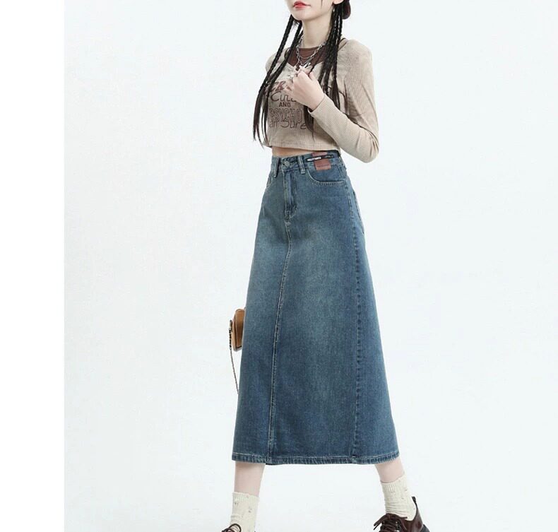 Chân váy jean nữ dáng chữ A xẻ tà, dài midi, phong cách cổ điển — Màu xanh cổ điển chi tiết 20