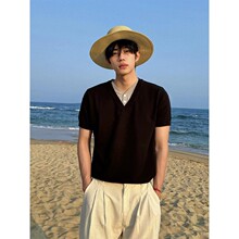 老钱风假两件V领短袖针织衫男夏季高级感度假休闲亨利领polo衫T恤