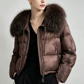 女式平湖羽绒服短款冬季天然貉子毛大毛领白鸭绒外套宽松加厚保暖