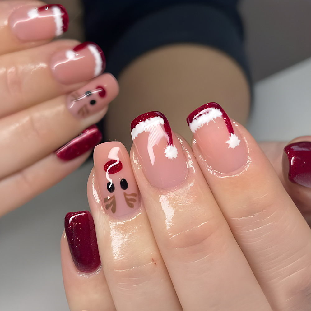Navidad transfronteriza temática uñas falsas vino rojo cálido ambiente de vacaciones manicure encantador estilo dulce para usar uñas