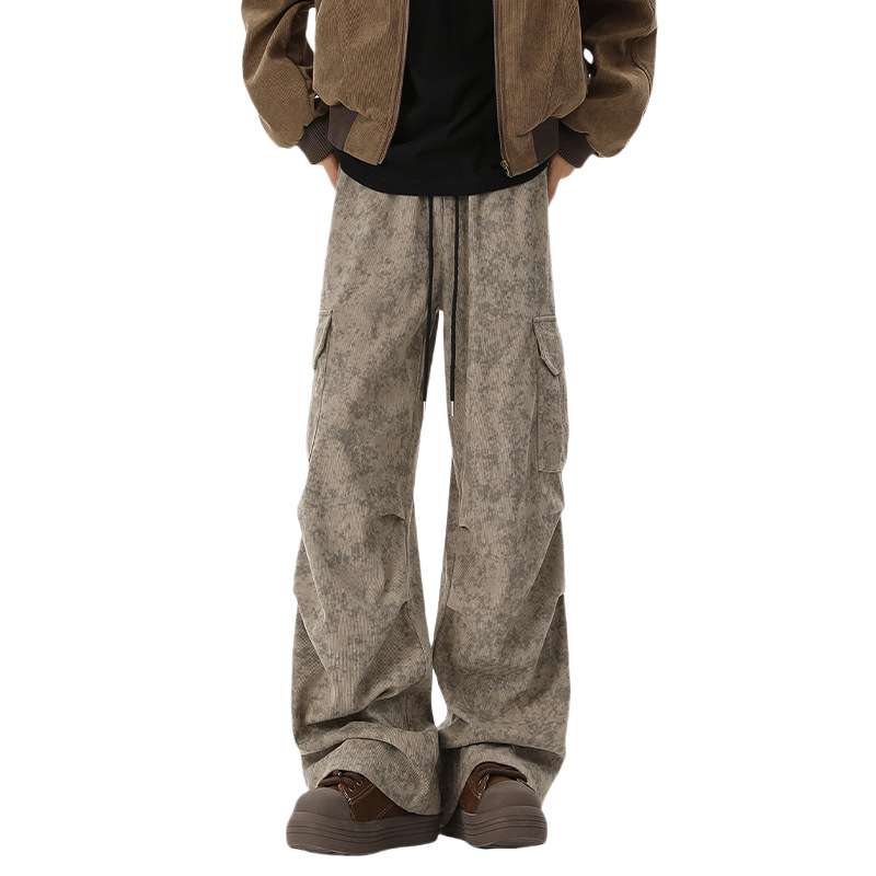 Wasteland-style Marble Pattern Work Pants For Men, Summer American-style Tie-dye Corduroy Pants, High Street Versatile_voghion.com