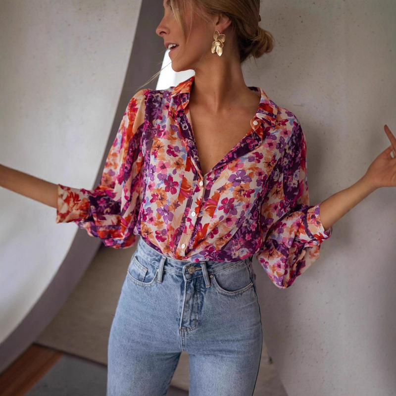 Women's Blouse Chiffon Floral Print Long Sleeve Button Shirt - Vibrant Pink and Orange Flowers