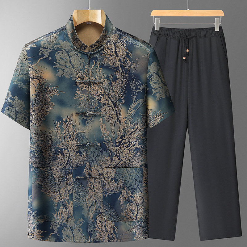 真丝免烫男士汉服套装夏季中老年爸爸装宽松中国风休闲两件套代发