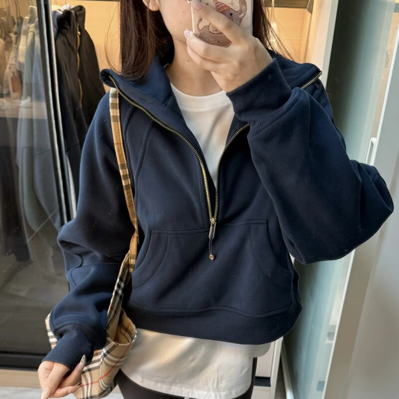 Luludarling—Scuba Fleece-Lined Half-Zip Stand-Up Collar Sweatshirt, Loose-Fitting Sports Casual Yoga Jacket