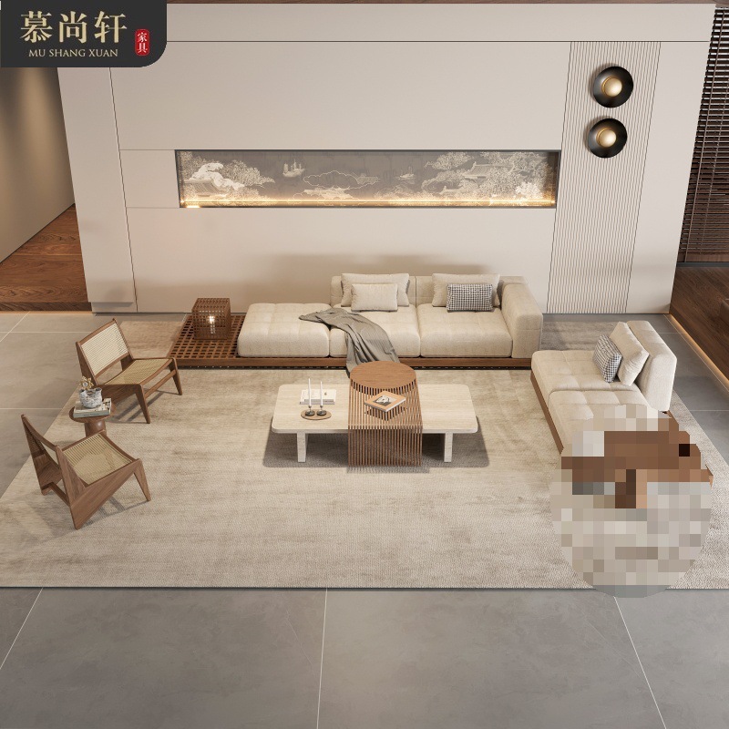 Wabi-Sabi Style Song Aesthetic Fabric Sofa New Chinese Model Room Large Flat Floor Bed and Breakfast Reception Platform Sofa Combination