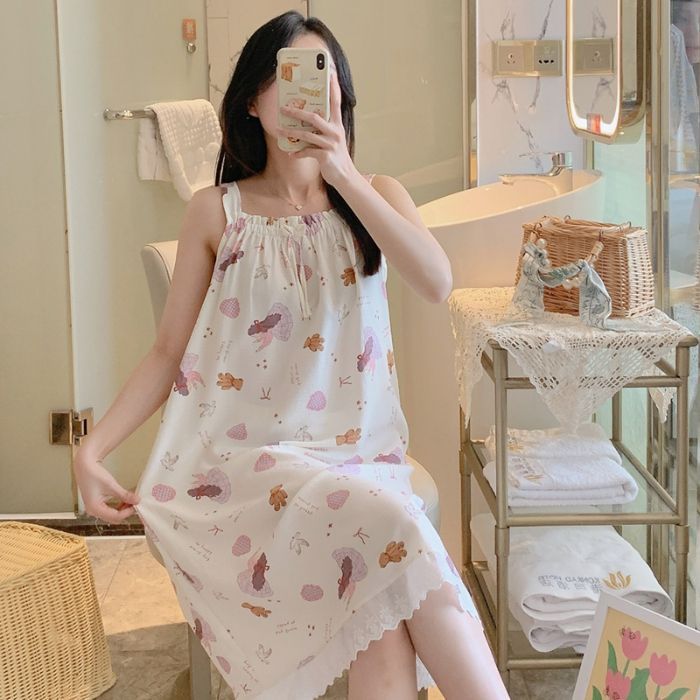 Venta al por mayor transfronteriza verano nuevo pijama camisón de tirantes para mujer encaje lindo estampado de dibujos animados espuma suave servicio a domicilio