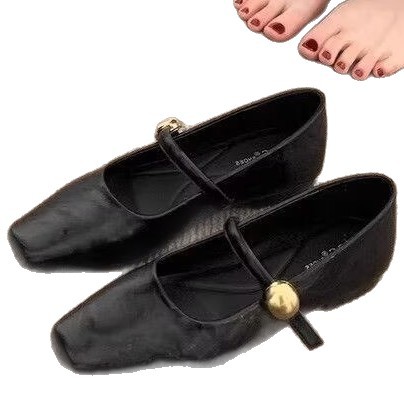 Zapatos de cuero super suaves de metal negro, falda de mujer, 2026 verano nuevos zapatos de estilo Maryline, zapatos de suela suave de estilo francés