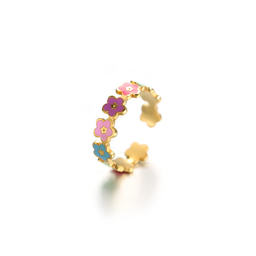 Cross-border stainless steel jewelry, fresh and sweet, colorful smiley face, flower opening, adjustable titanium steel ring, women's hand jewelry