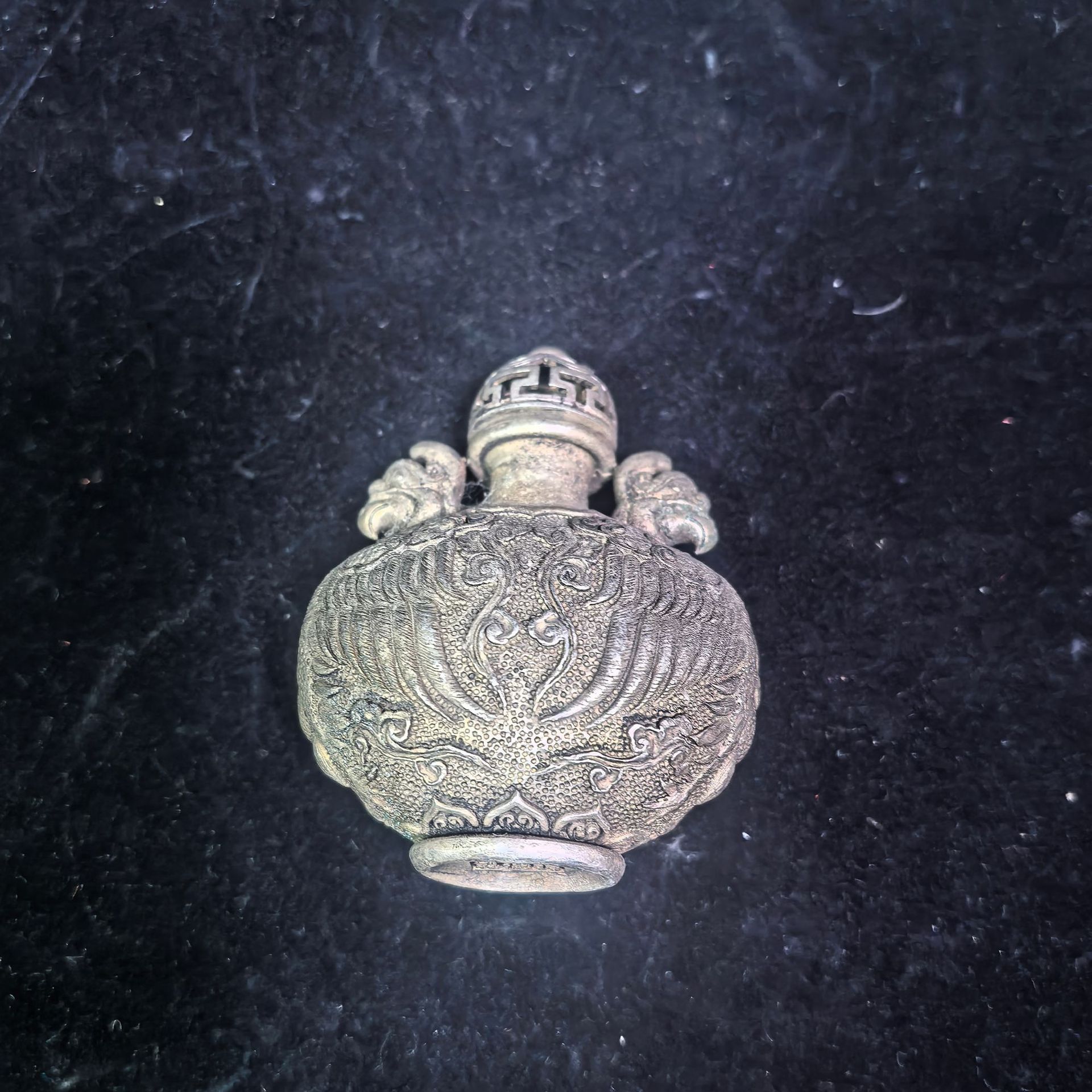 工艺品仿古古玩白铜镀银鼻烟壶古代双凤鼻烟壶摆件