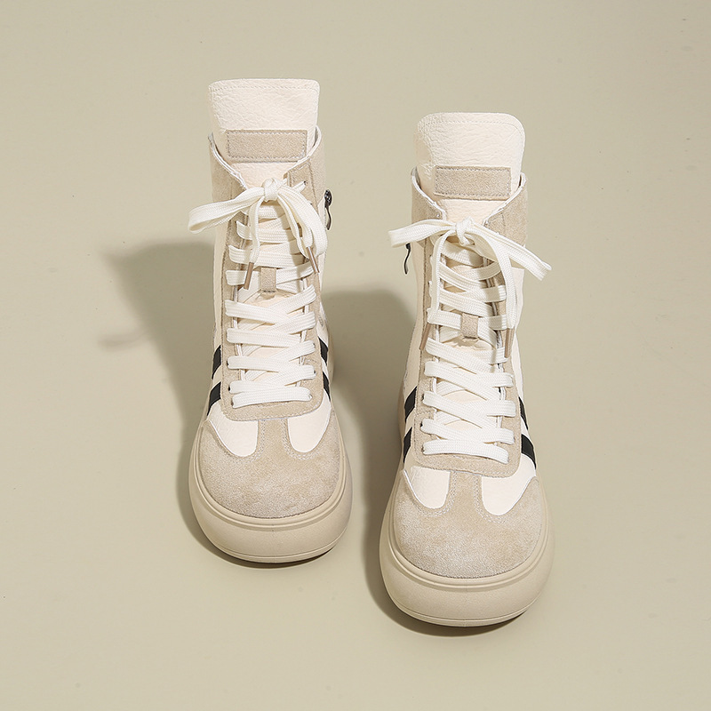 Inner Heightening Genuine Leather Moral Training Shoes for Women 2025 Summer New Mesh Breathable Boots Casual High-Top Boxing Shoes