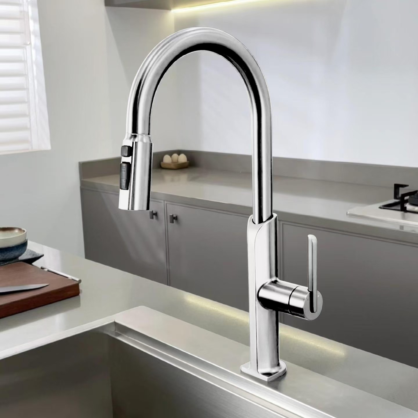 Pistola gris agua fría y caliente girando y tirando del grifo del fregadero girando y tirando del grifo del fregadero de varios engranajes