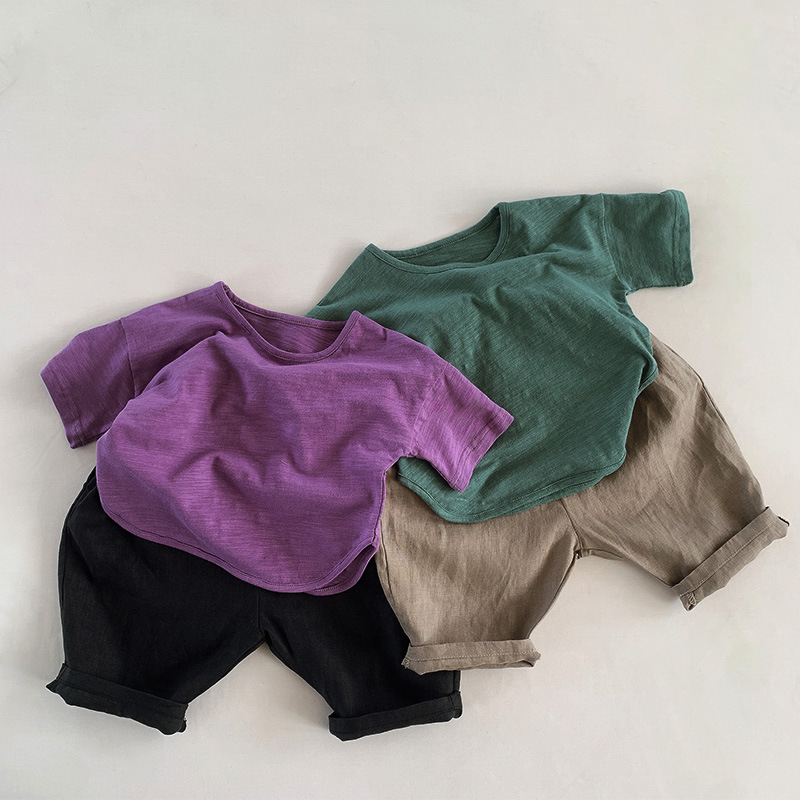 Summer bamboo cotton solid color retro short sleeve T-shirt with a…