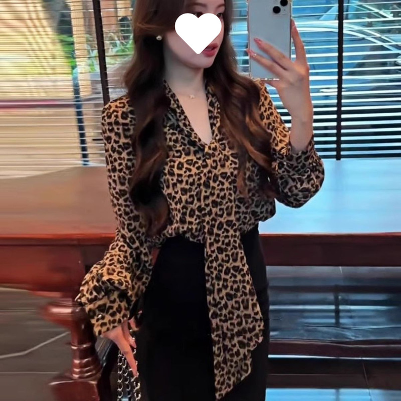 French Retro Leopard Print Tie Shirt New Women's Shirt Loose Top Leopard Print Chiffon Shirt for Women